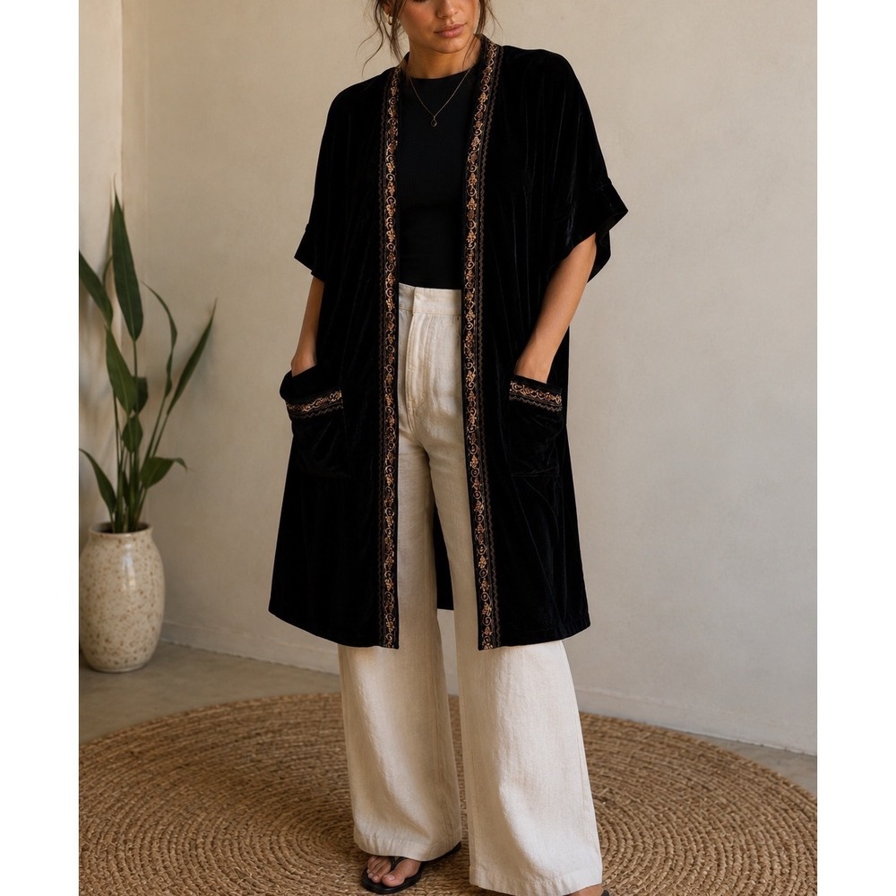 Silverado Black Velvet Kimono Jacket Gold Embroidered Boho Cardigan  L‎ j2